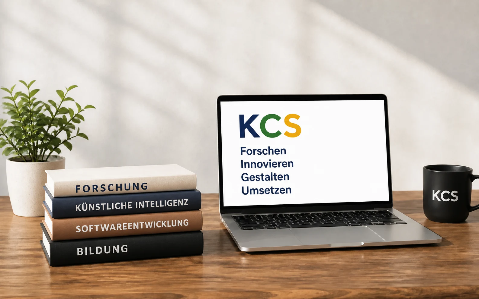 KCS-Arbeitsplatz mit lokalisierten Büchern, Laptop und Tasse
