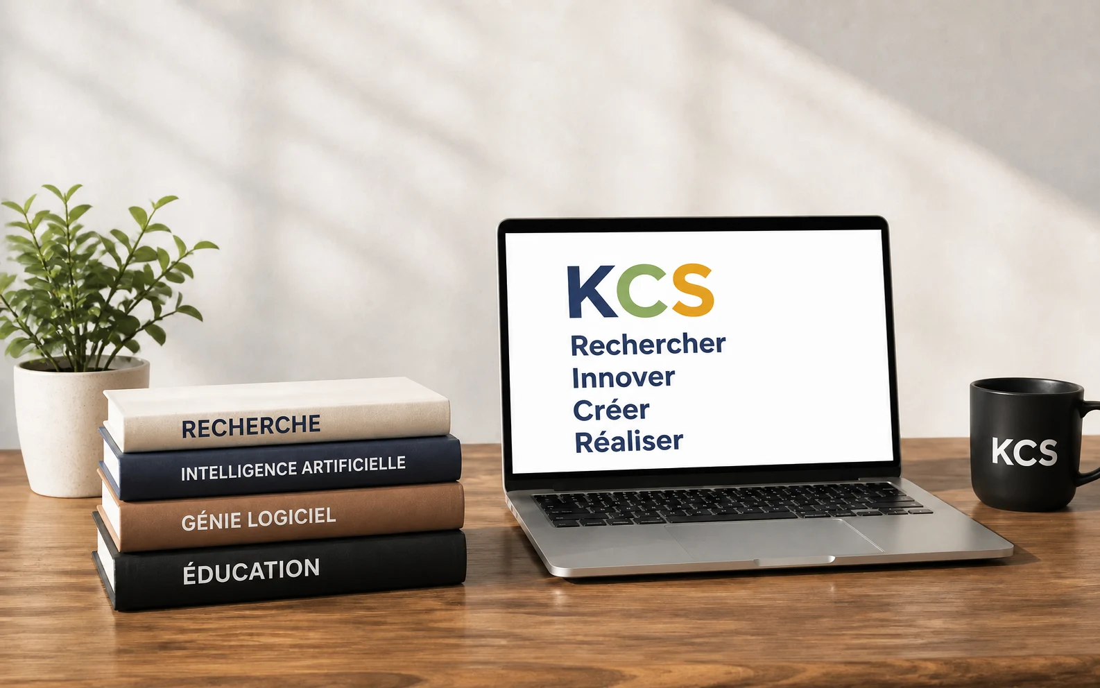 Espace de travail KCS avec livres, ordinateur et tasse localisés